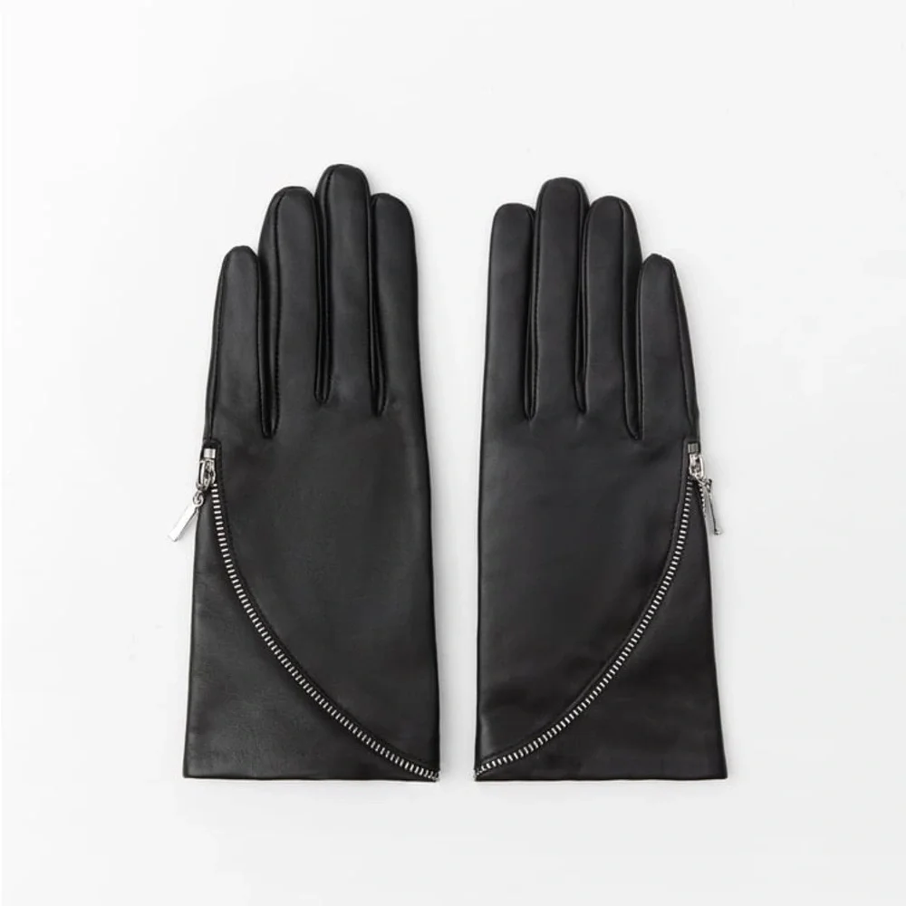 Zara Black Leather Gloves with Silver Zipper Detail